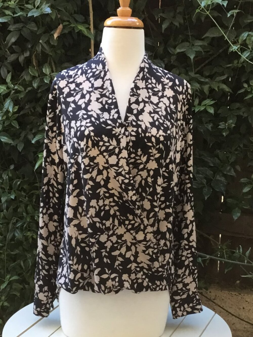 Pleione Black and Tan Surplice Faux Wrap 3/4 Roll Tab Sleeve High Low Blouse S